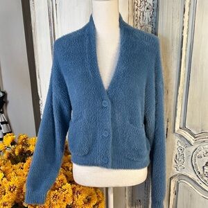 Cozy Blue Oversized Eyelash Yarn Button-Up Cardigan